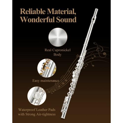 Eastar Silver-Plated 16-Hole Flute with E-Mechanism, Offset, Ring Key, and Flute Stand & Case (Silver) for Beginners