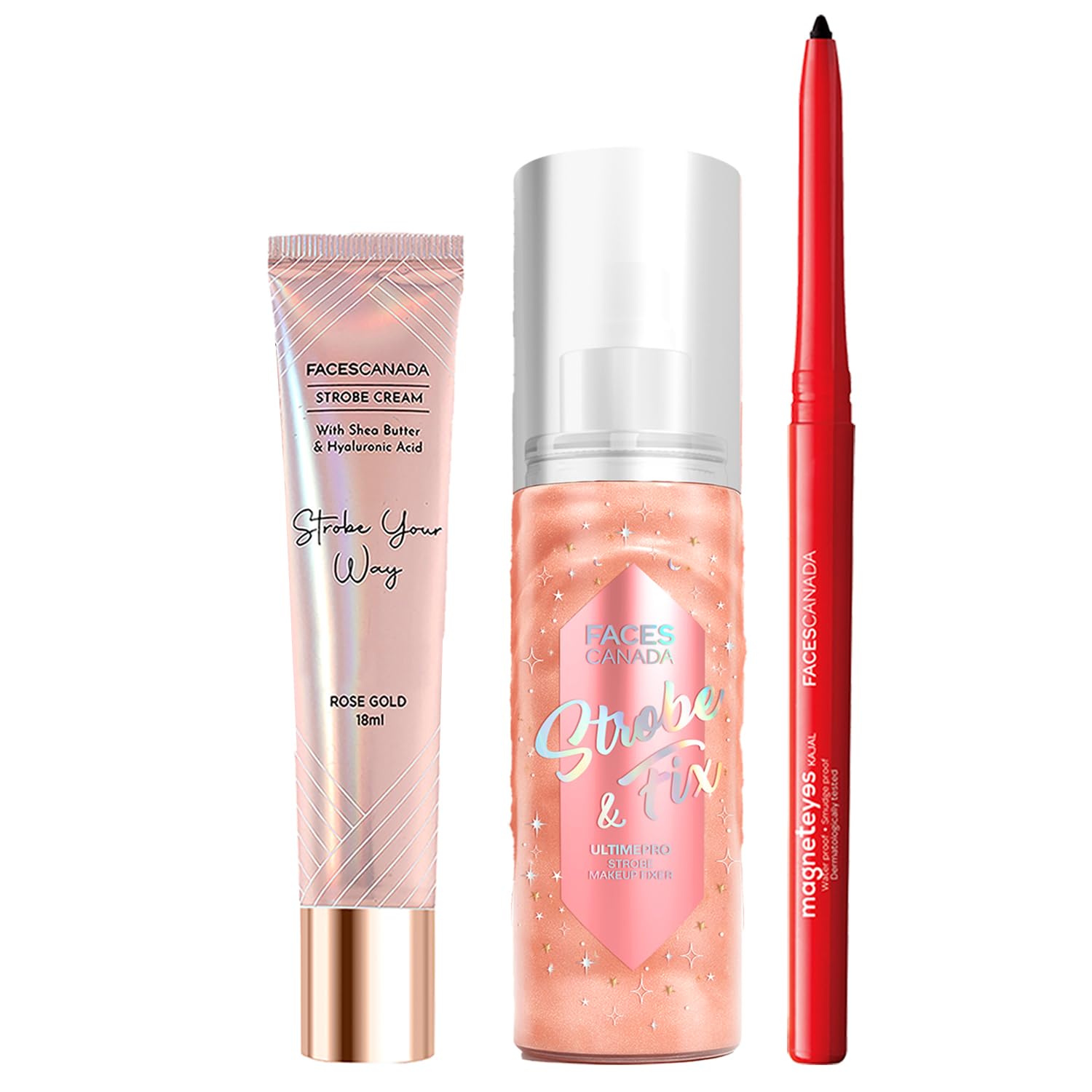 

FACES CANADA Glow, Define & Fix Trio | Strobe Cream - Rose Gold (18ml) + Magneteyes Kajal - Black (0.35g) + Ultime Pro Strobe Makeup Fixer (50ml)