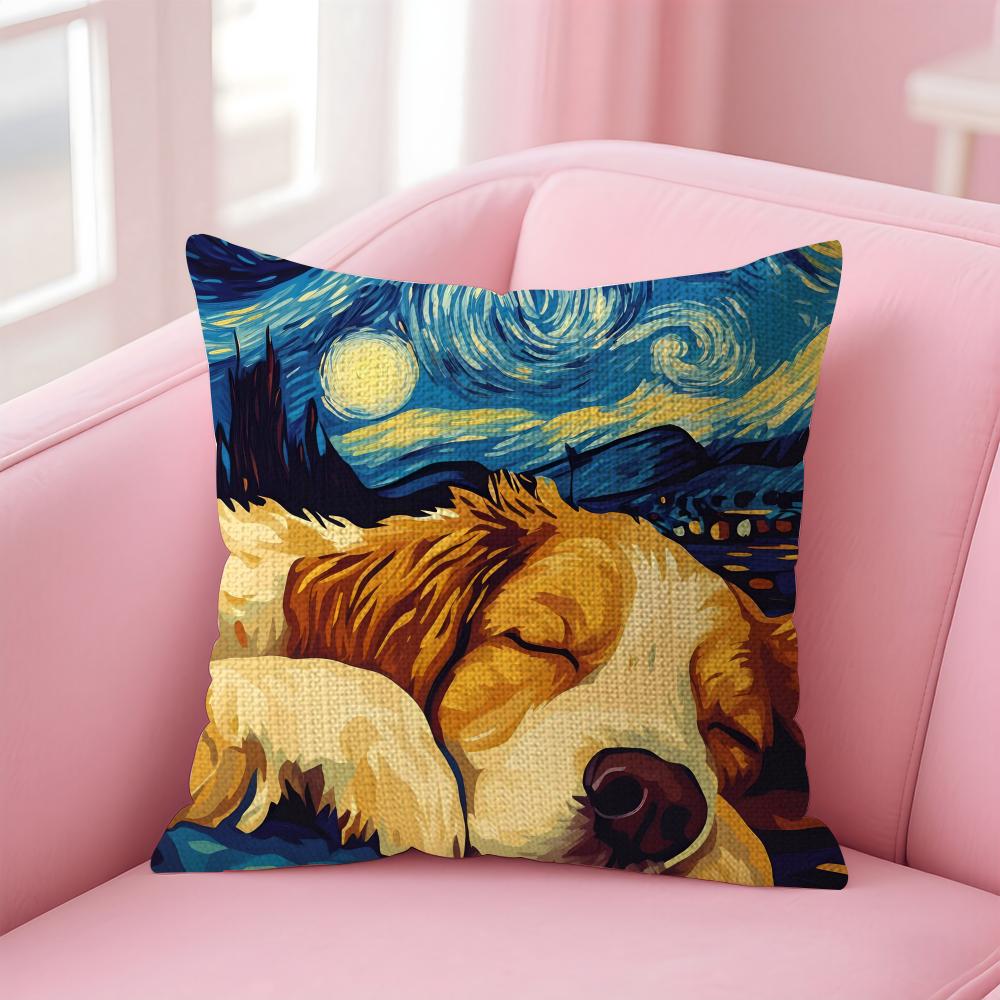 The Starry Night Dog Cushion Cover Natural Linen Pillow Case DoubleSided Print Decorative Sofa Pillowcase Home Decor Gift