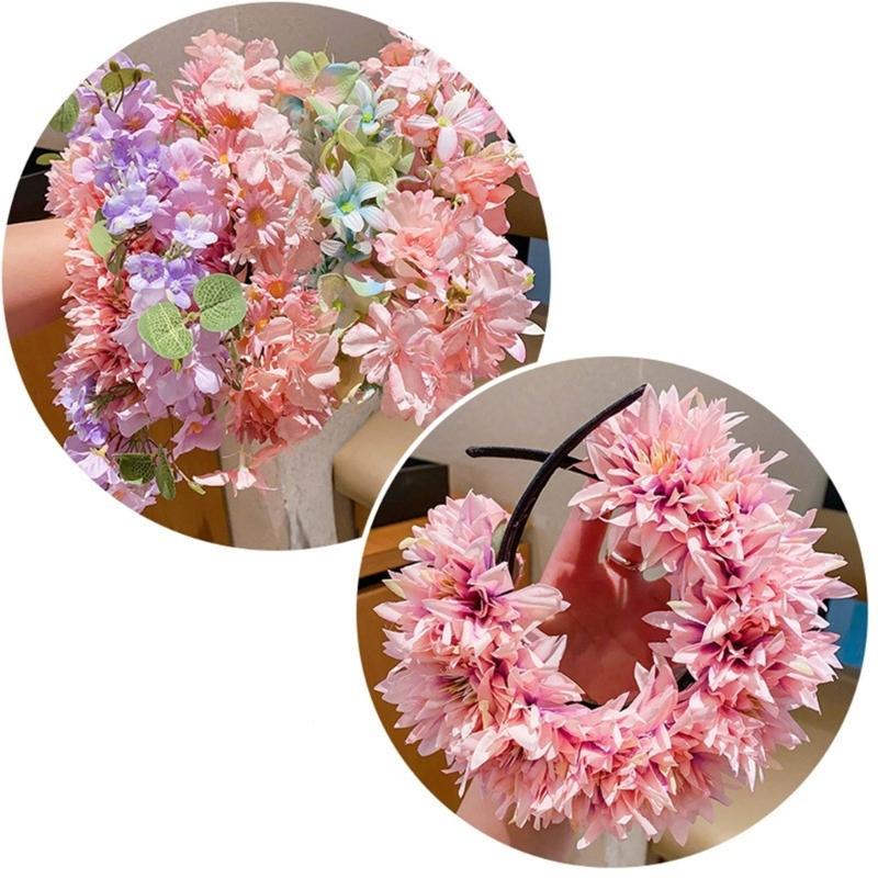 Colorful Flower Headband Double-sided Crown Hair Wreath Wedding Party Costume Headpiece for Bridal Women Hair Accessory