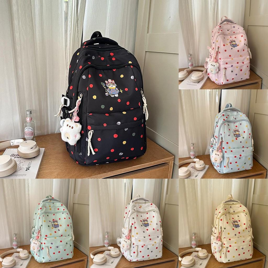 Cute Polka Colorful Dot Cartoon Cat Embroidery Pattern Backpack Students