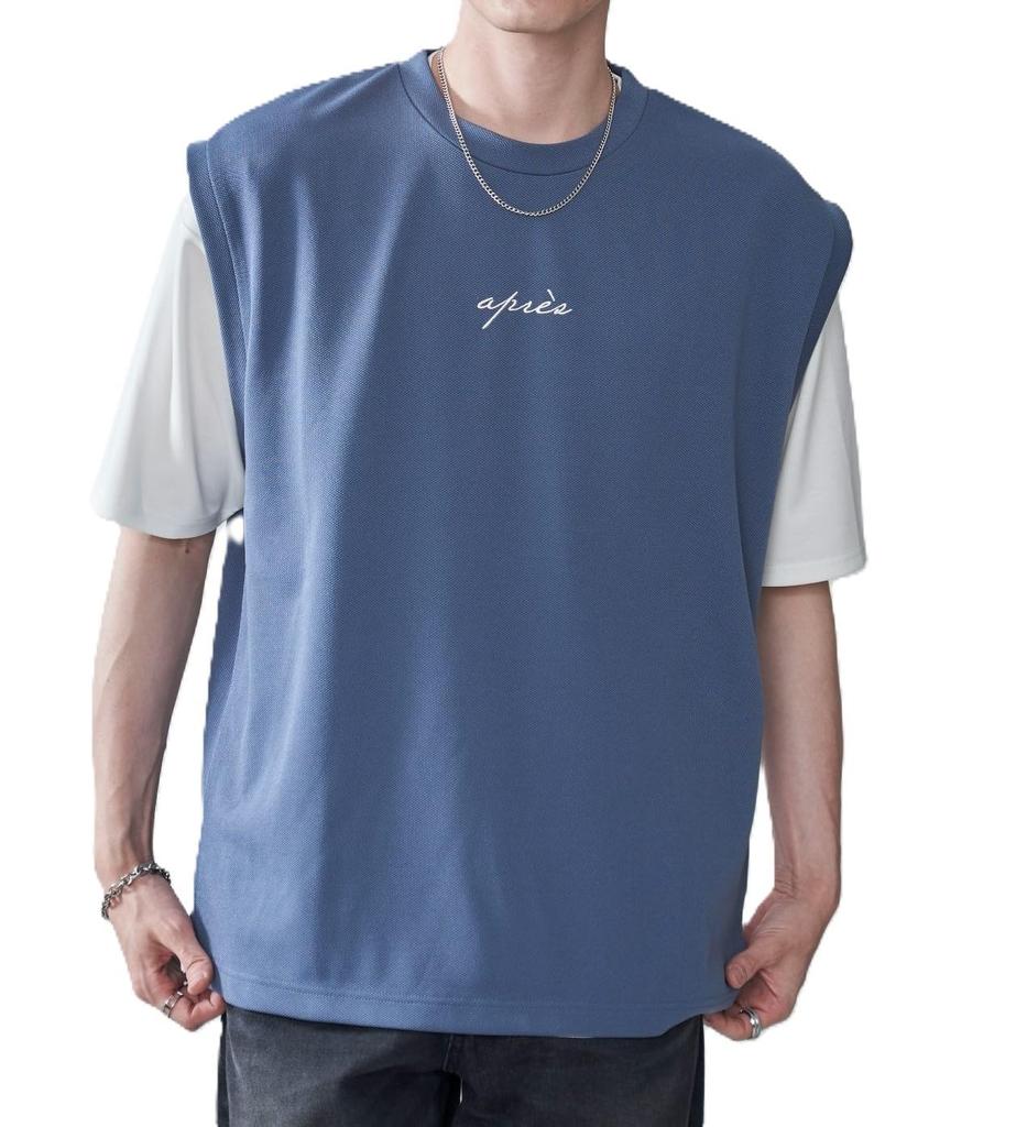 WEGO Knit Vest Ensemble Top and Short Sleeve Summer Size Blue Men's 2-Piece Set, T-Shirt, Outfit, M,