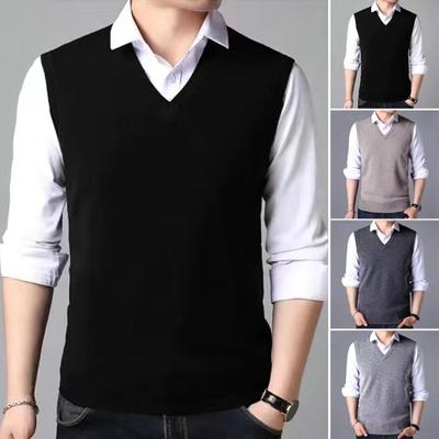 Colete masculino de meia idade, suéter de malha, cor sólida, decote em V, sem mangas, pulôver, slim fit, punhos canelados, regata