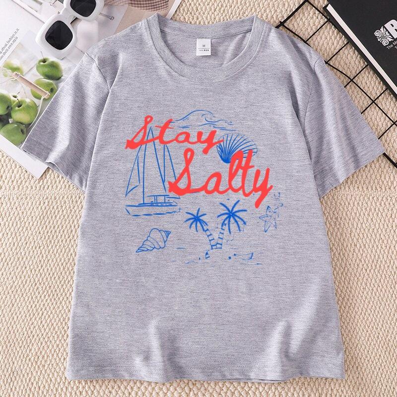 Stay Salty Graphic Tee Beachy Summer Cotton T Shirt Casual Round Neck Printed Short Sleeve Tshirts Unisex Comfortable Clothing