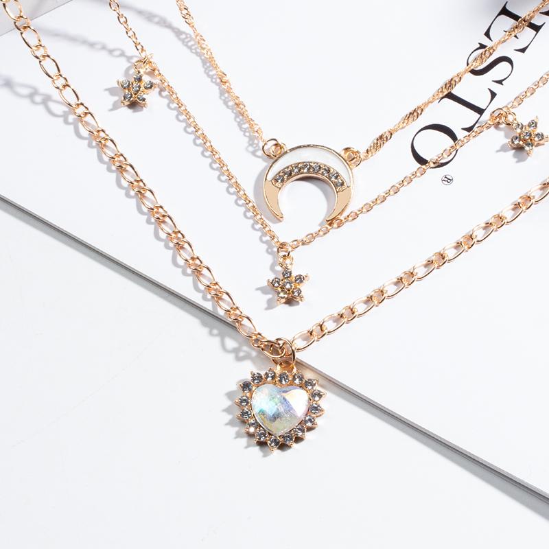 Multi Layer Gold Color Metal Necklace Vintage Love Heart Crystal Necklace Alloy Moon & Crystal Necklace for Women and Girls