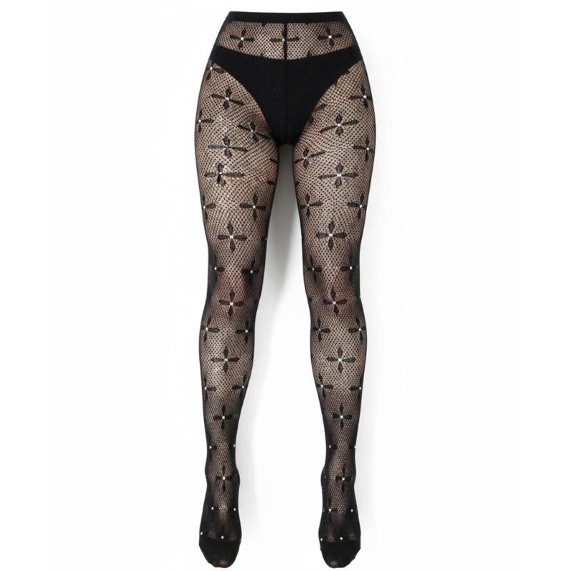 Breathable Nylon Fishnet Pantyhose For Women Four Leaf Pattern Rhinestones Accent High Waist Sheer Mesh Tights Stockings