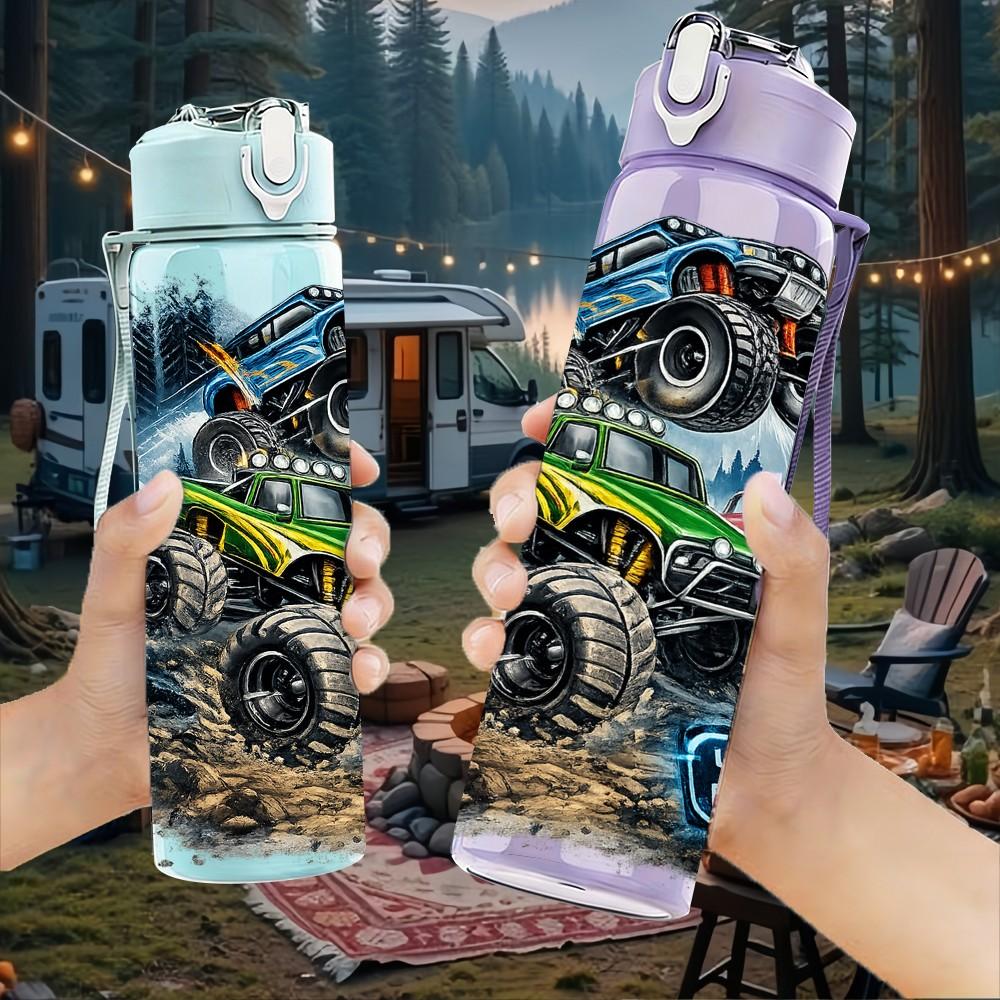 1PC Off Road Monster Truck Graffiti Print 750ml Color Plastic Sports Water Bottle Leakproof Flip Straw Lid Suitable for Sports Office Home Use