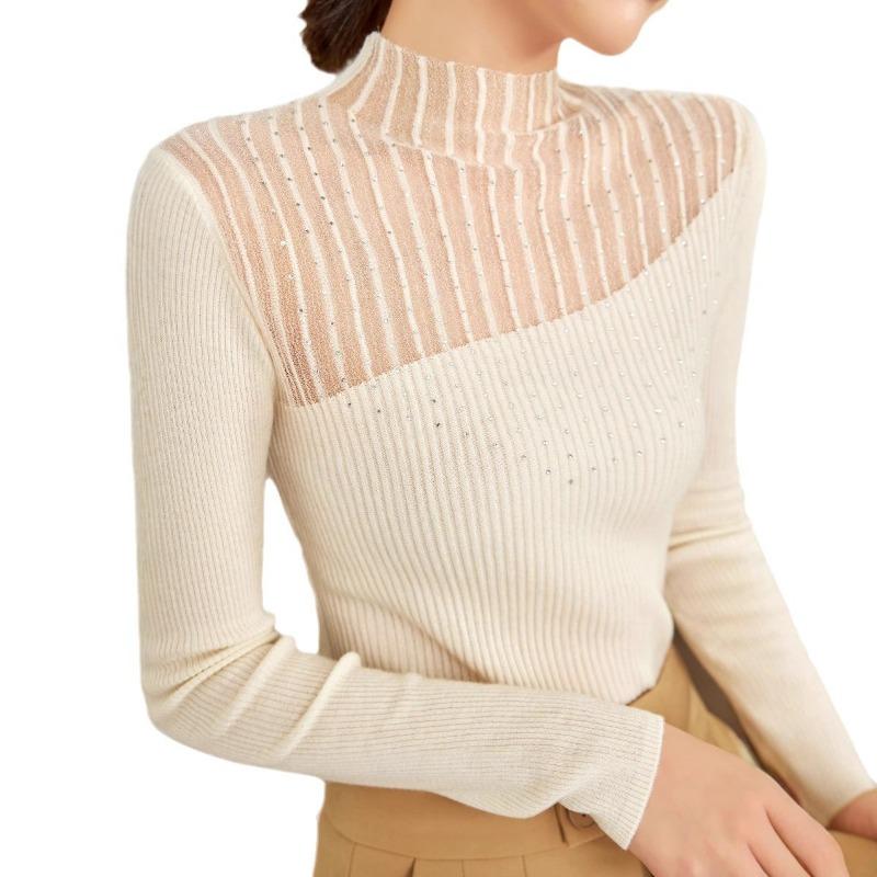 Semi-turtleneck mesh splicing hot diamond bottoming shirt women's autumn new slim-fitting inner micro-transparent silk wool knitted sweater