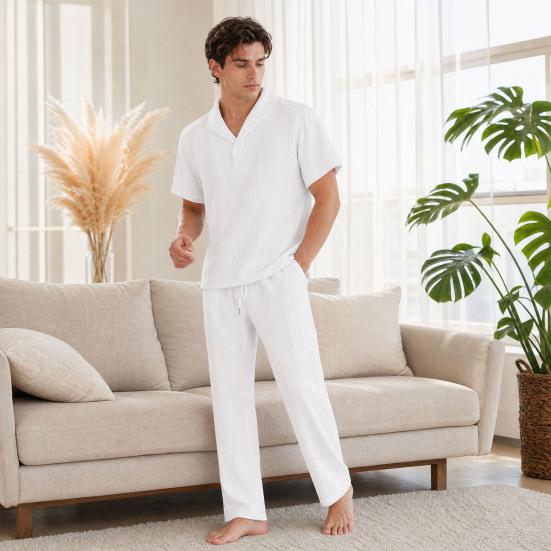 2Pcs/Set Casual Outfit for Men, Lapel Short Sleeve Shirt And Elastic Waist Loose Long Pants, Summer Ultra-Thin Ice Silk Outfit for Home And Daily Wear