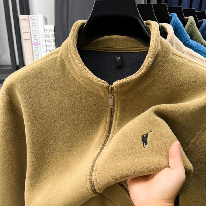 Men's Double-Sided Berber Fleece Stand Collar Jacket with Embroidery – Classic American Style