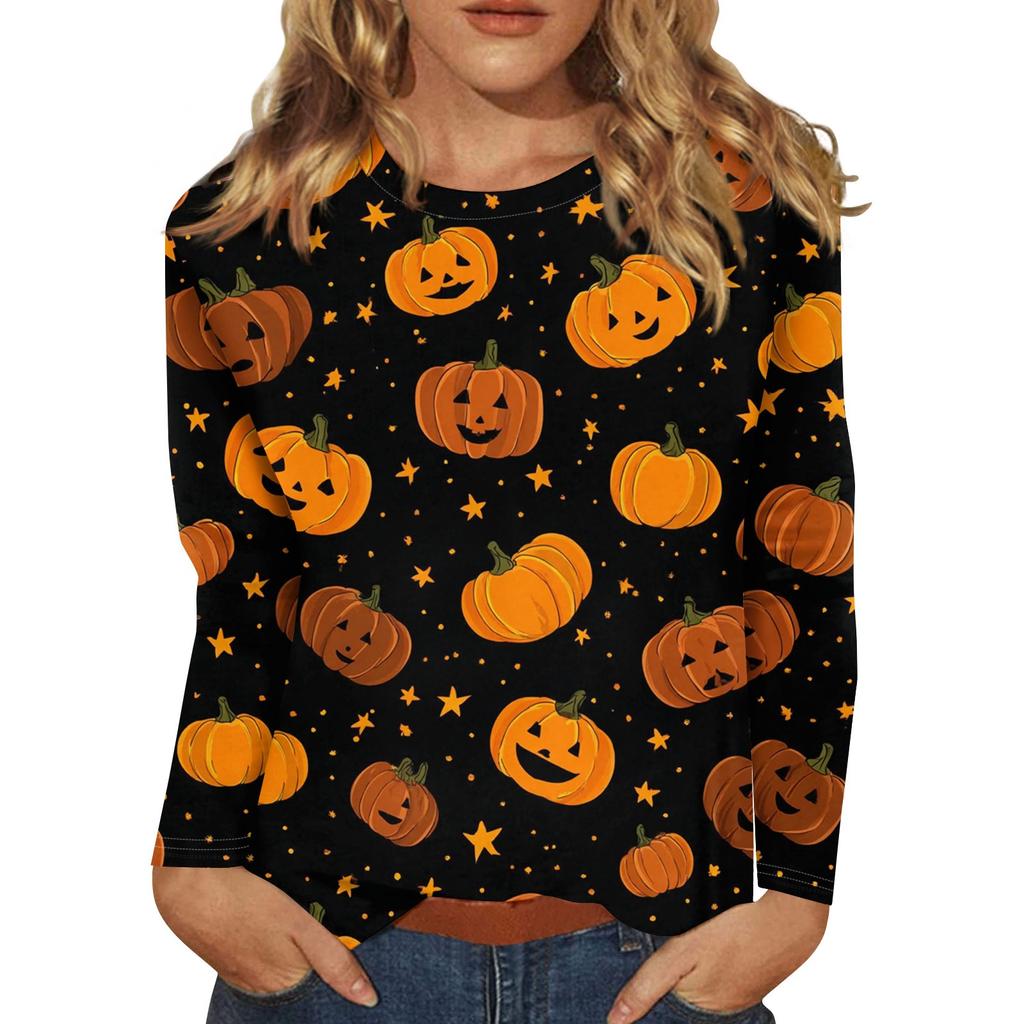 Women's Fashion Casual Halloween Printed Round Neck Long Sleeve Pullover Top