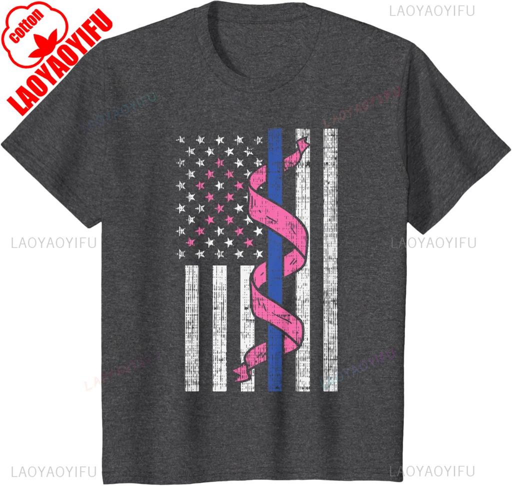 Blue Line Police Us Flag T Shirt Pink Ribbon Breast Cancer Shirt Support Law Enforceunisext Honor Survivors Cotton Tee For Unisex
