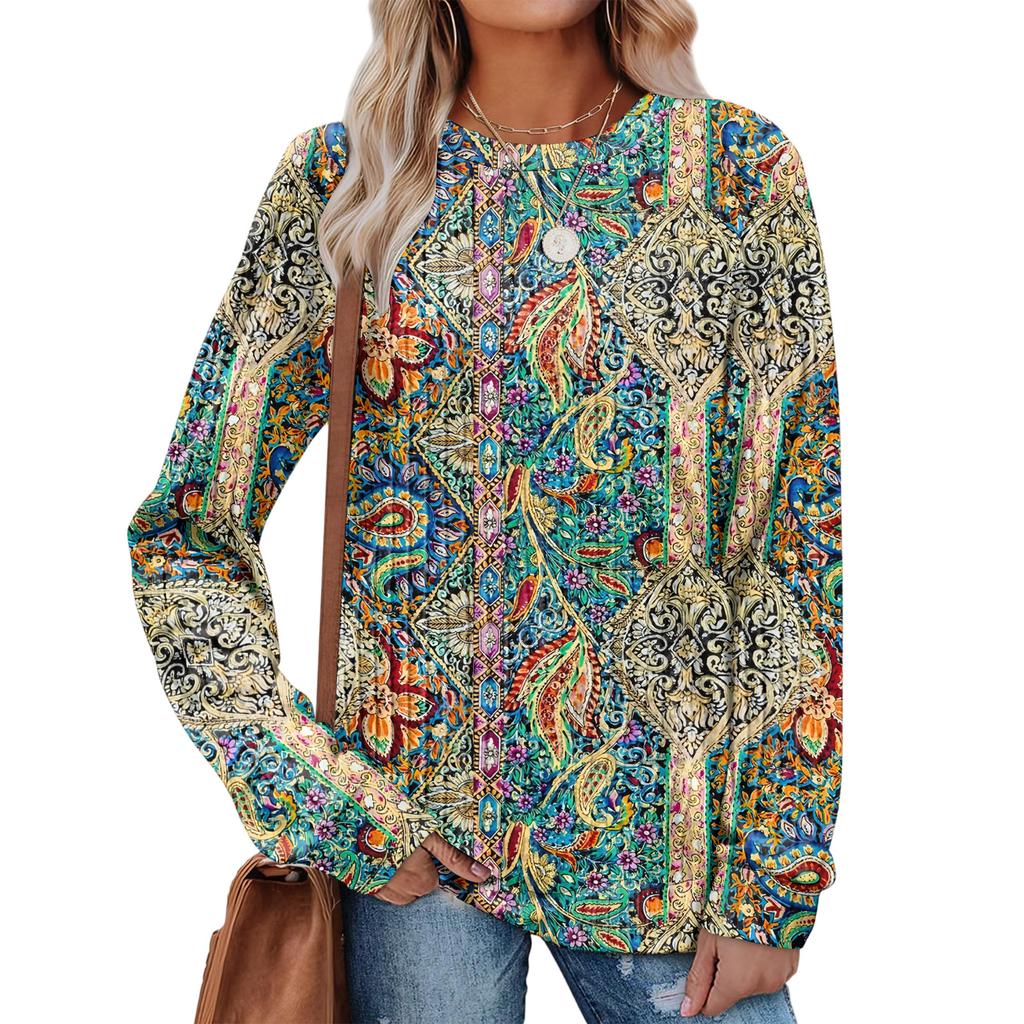 Fashionable Women's Long Sleeved Retro Printed Lightweight Sweater With Loose Round Neck Top