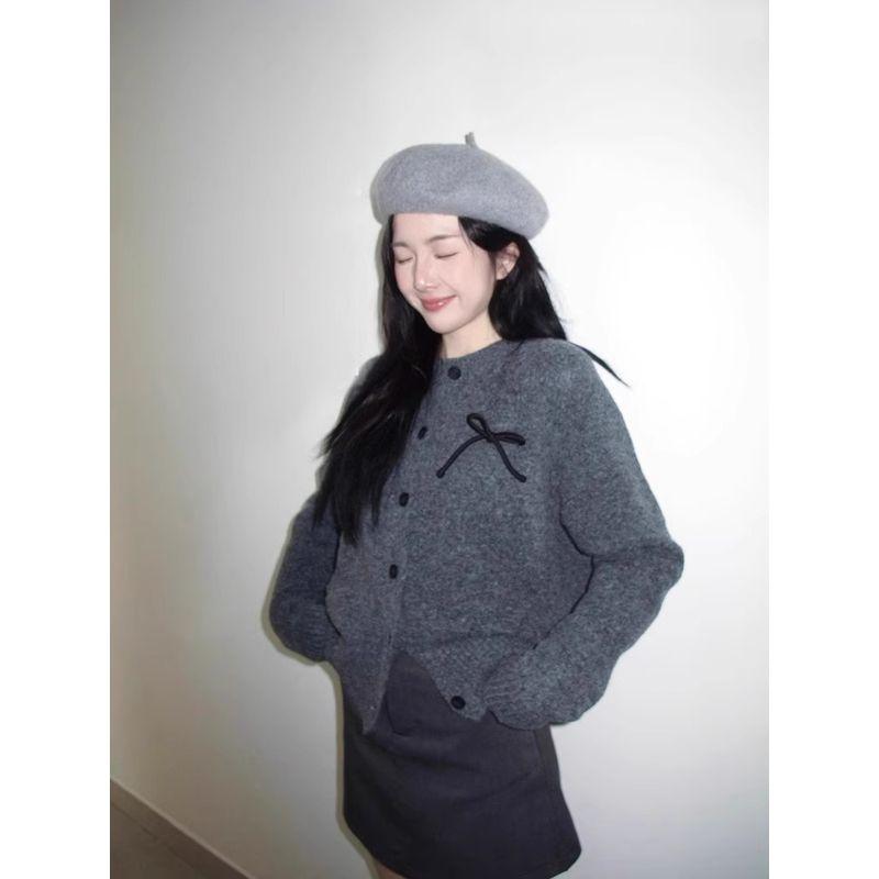 

Fancy Retro Gray Knitting Cardigan Female 2025 Spring Atmosphere Three-Dimensional Bows Outerwear Sweater Outwear Grey S