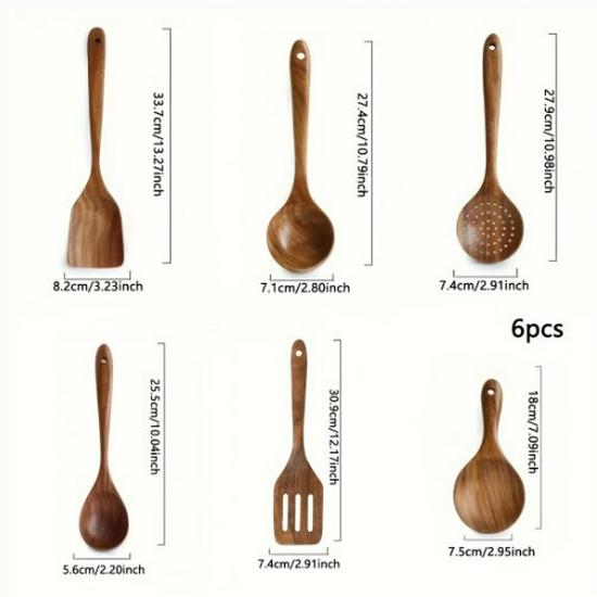 Teak Non-Stick Long-Handle Solid Wood Pan and Acacia Wood Kitchenware Set