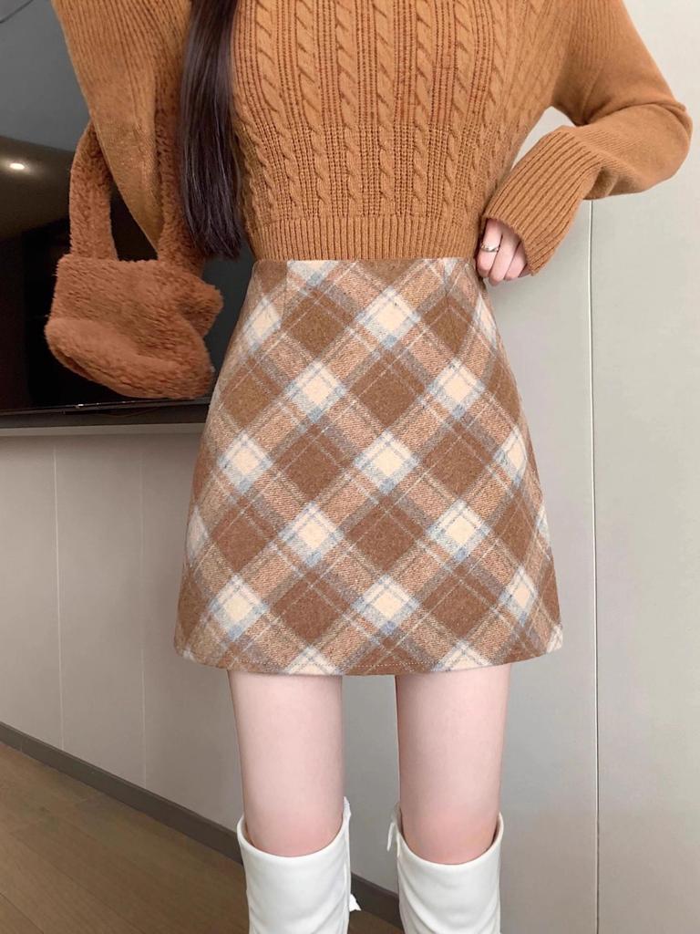 Women's High Waist Red Wool Plaid Skirt, 2025 A-line Slim Fit for Autumn/Winter