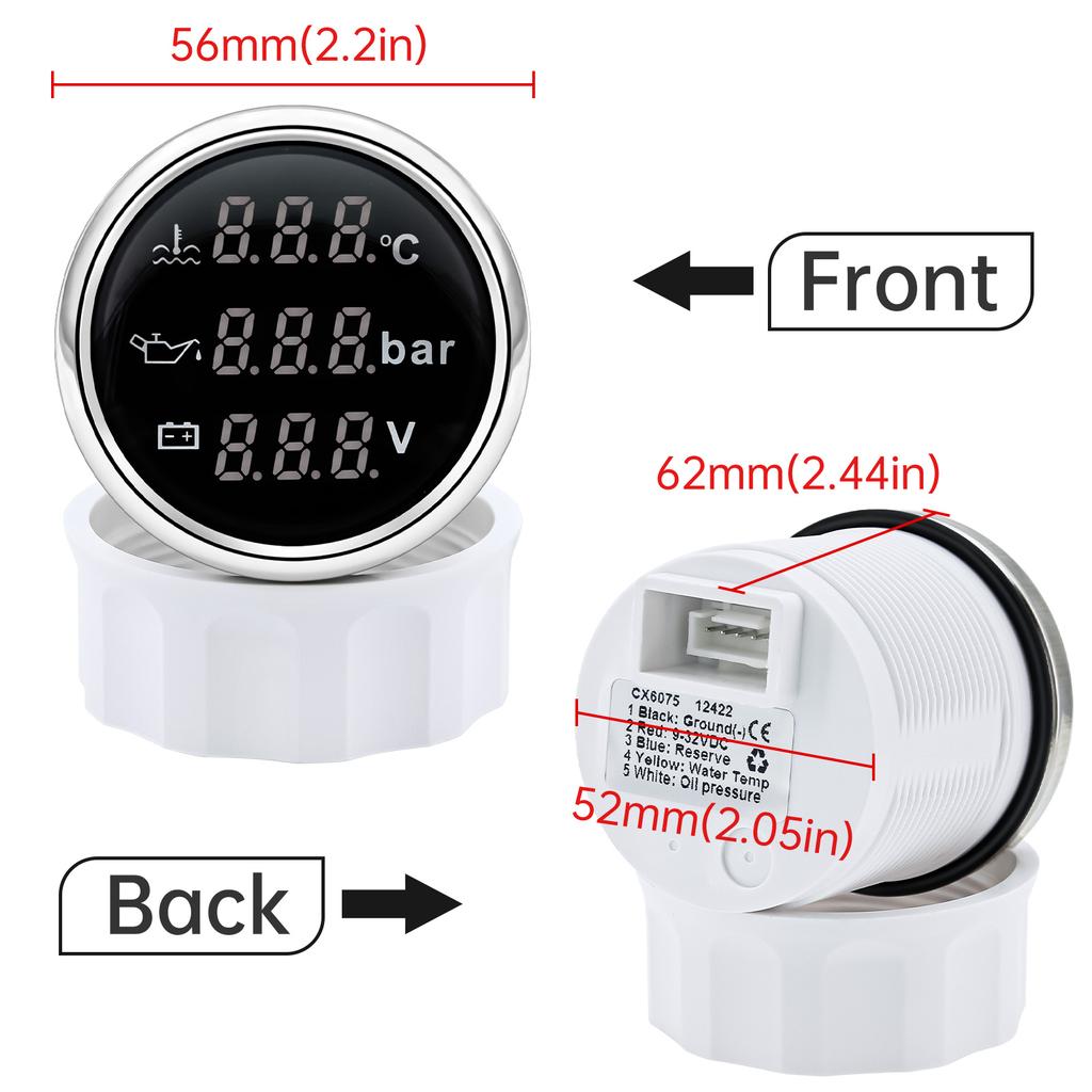 52mm 3 In 1 Water Temperature Oil Pressure Voltmeter With Alarm Gauge For Marine Car Boat Multi-Function Waterproof LCD Meter