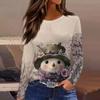 Women's Fashion Casual Slit Hem Round Neck Long Sleeve Loose Printed T-Shirt Ladies Top Christmas