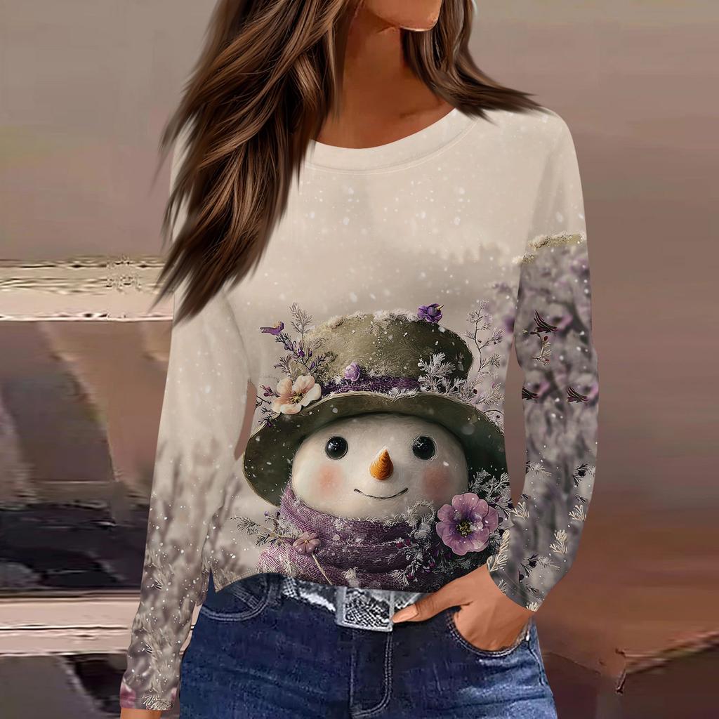 Women's Fashion Casual Slit Hem Round Neck Long Sleeve Loose Printed T-Shirt Ladies Top Christmas