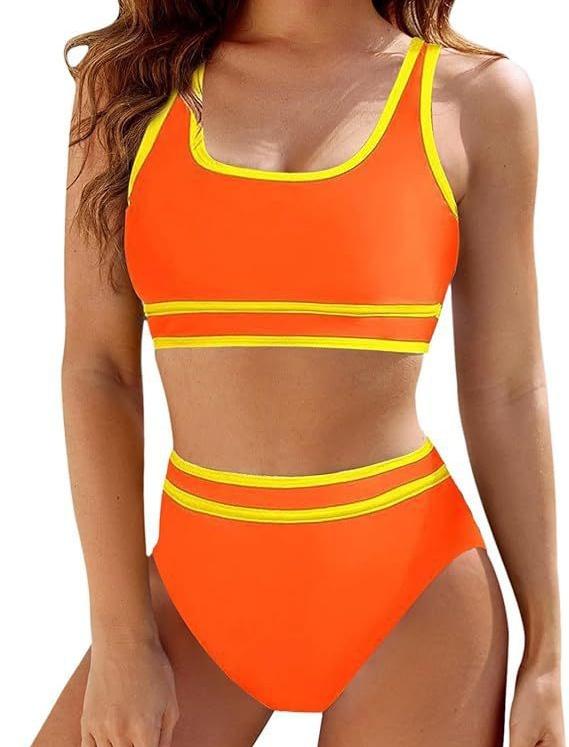 Bikini de Color Sólido de Cintura Alta para Mujer Traje de Dos Piezas Ropa de Playa Multicolor