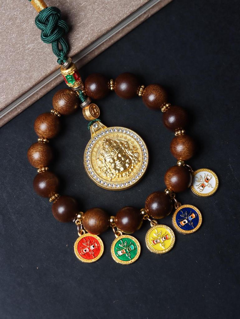 Fuson Red Soil Agarwood Car Pendant with God of Wealth & Peace Lock - Sinking Grade Beads Jewelry