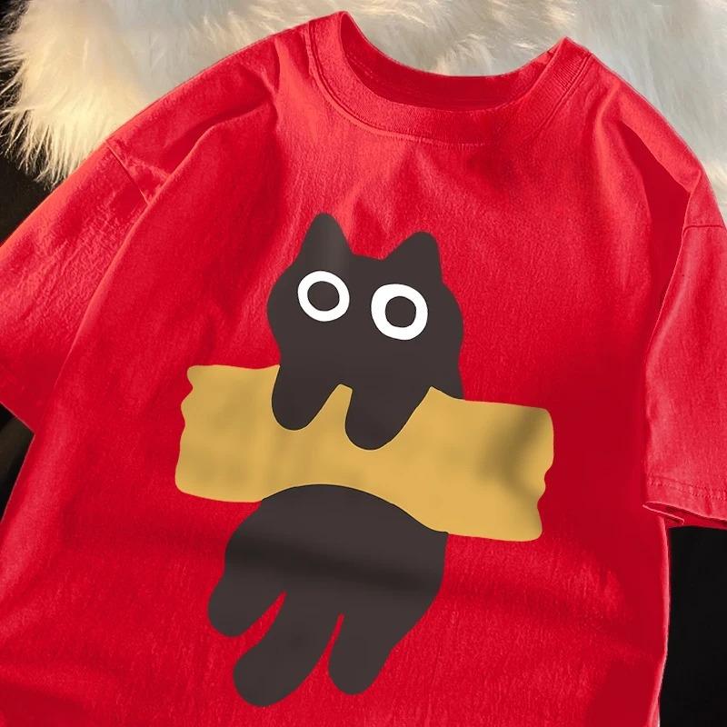 Cat Print Short Sleeve Tshirts for Women cartoon Tshirts Round Neck Japanese Style soft streetwear casual summer Tshirts