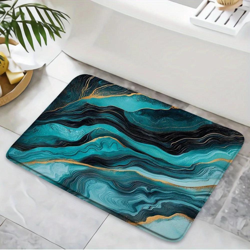 VIKAMA Teal Marble Effect Bathroom Mat Soft Comfort Non Slip Absorbent Modern Home Decorative Floor Mat Bath Rug Supplies