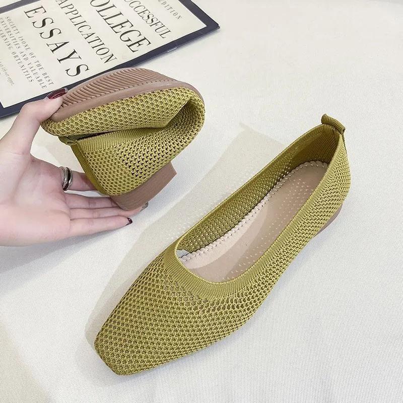 WTEMPO Soft Sole Single Shoes Women's Spring and Summer Square Toe Mesh Low Square Heel Solid Color Knitted Hollow Breathable Non-slip Woven Shoes