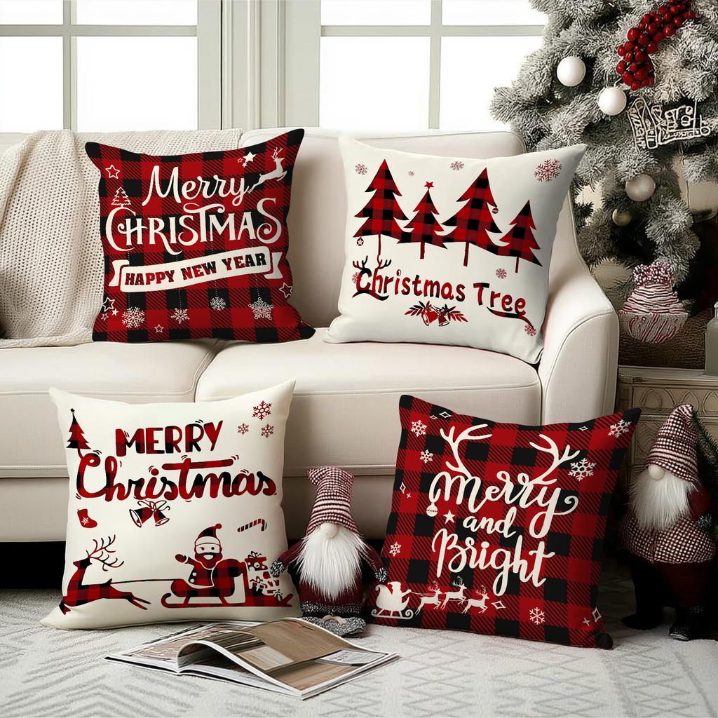 1/4Pcs Red Checkered Christmas Pillowcases, Christmas Tree Santa Claus Reindeer Design Cushion Covers, Christmas Decorations