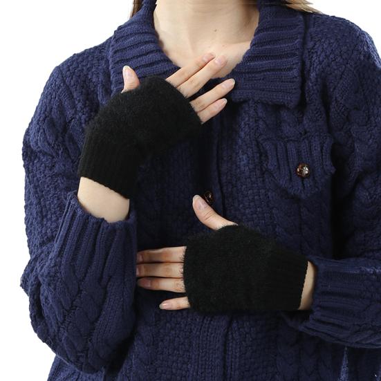 

1 пара женских зимних однотонных плюшевых теплых перчаток без пальцев, теплые эластичные меховые варежки для улицы, утолщенные перчатки из искусственного меха норки чёрный