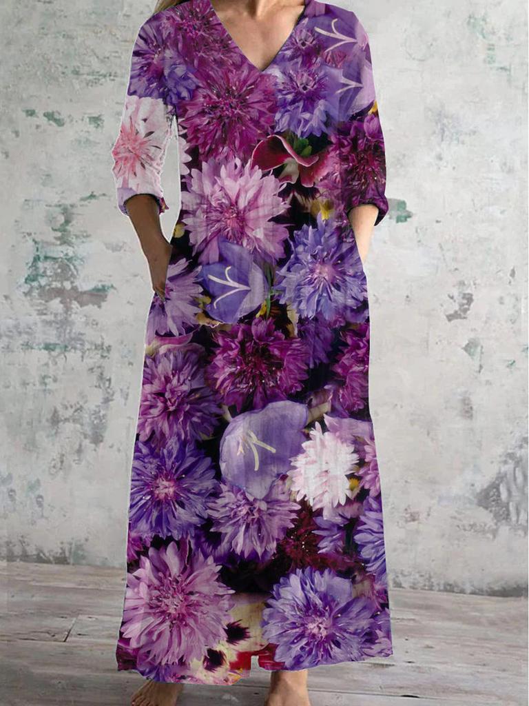 Damen Langarm V-Ausschnitt Maxi Kleid mit Streifenmuster, Knöchellanges Fließendes Kleid, Lässig Elegantes Kleid