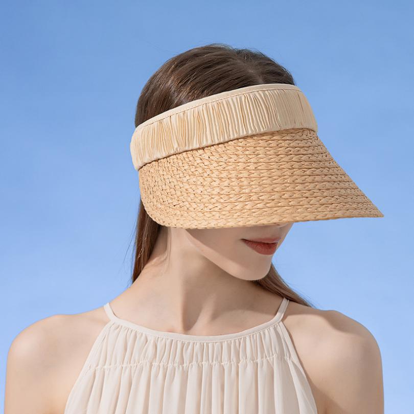 Designer Empty Top Hat Women Pleated Hair Hoop Spliced Breathable Straw Hat Outdoor Large Brim Sun Protection Summer Beach Cap