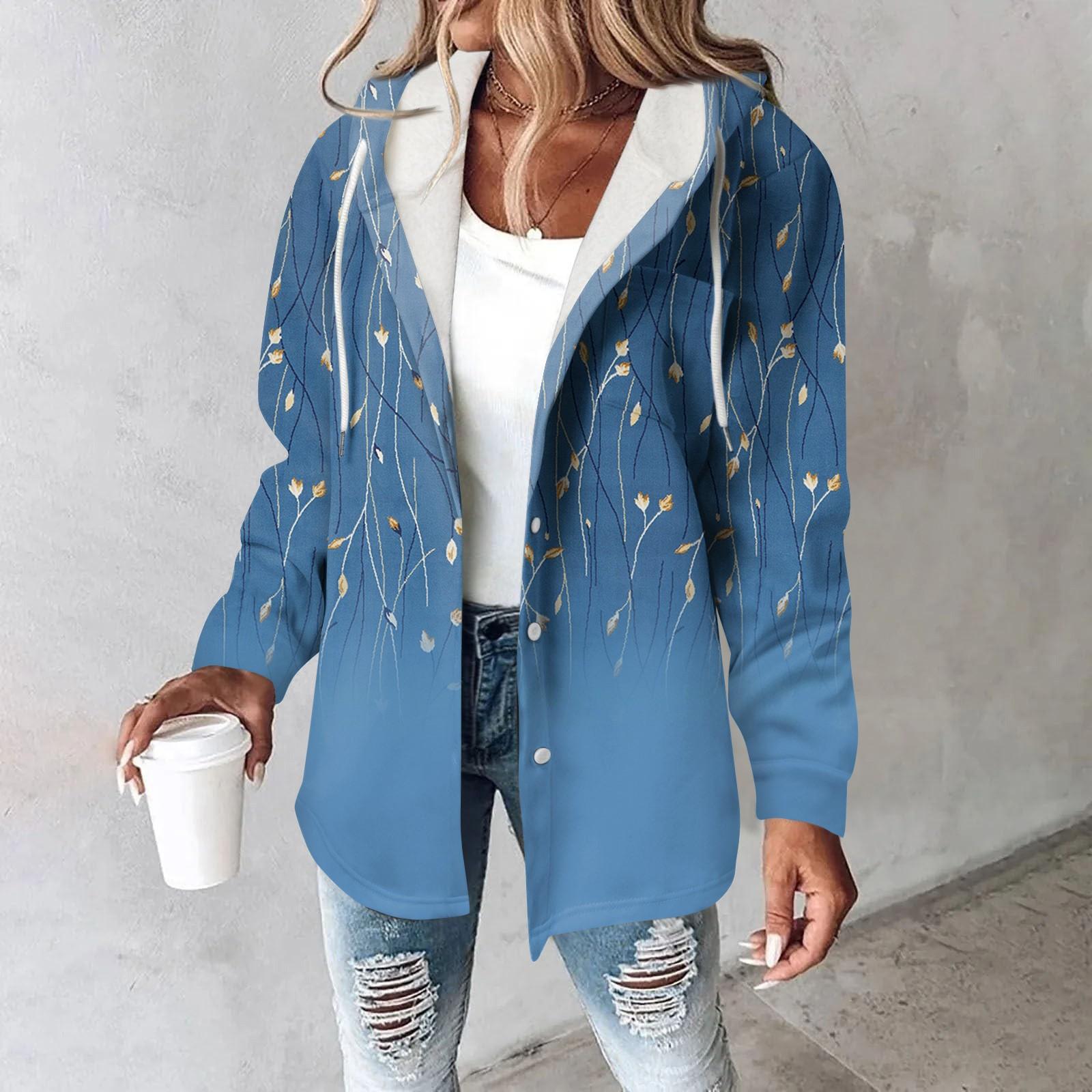 

Толстовки женские зимние теплые толстовки на пуговицах с капюшоном и завязками на шнурке с принтом куртка пальто XXXL синий