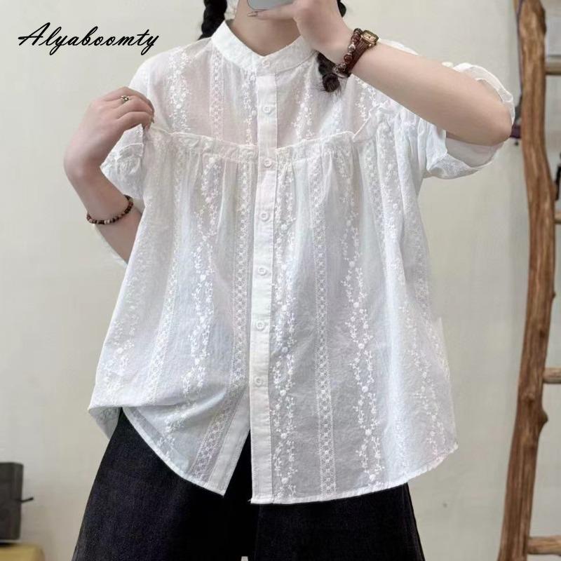 Korean Style Summer Women Oversized Blouse Stand Collar Cotton Embroidery White Shirt Half Sleeve Baggy Casual Loose Ladies' Shirt
