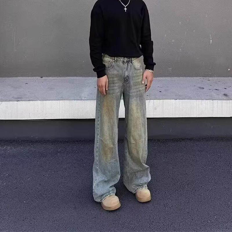 American high street retro old washed scimitar jeans men's retro loose wide legs versatile mopping trousers men