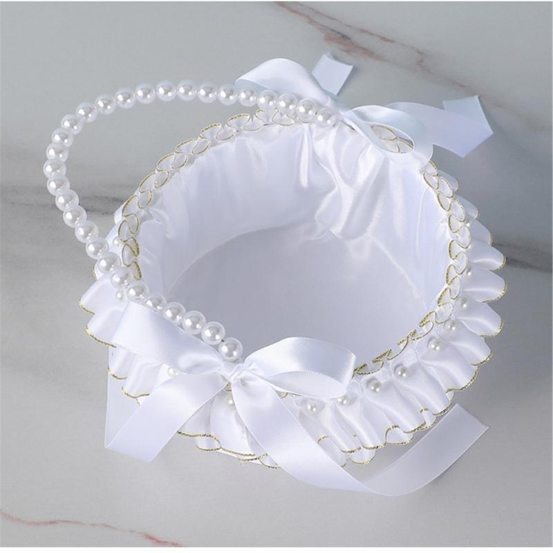Decorative Pearls Embellished Storage Basket With Golden Edges for Wedding Reception Party Decorations