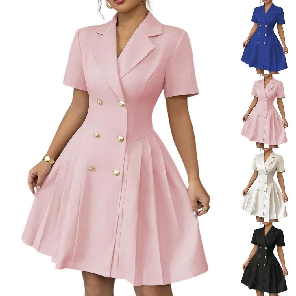 Ladies V-neck Fashion Color Double-breasted Waist Short Sleeve Dress