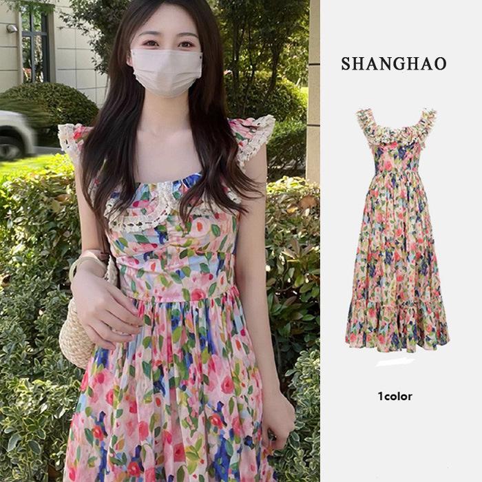 Holiday style one-word collar off-the-shoulder coffee break dress French oil painting print dress female summer fairy super fairy Mori long dress S