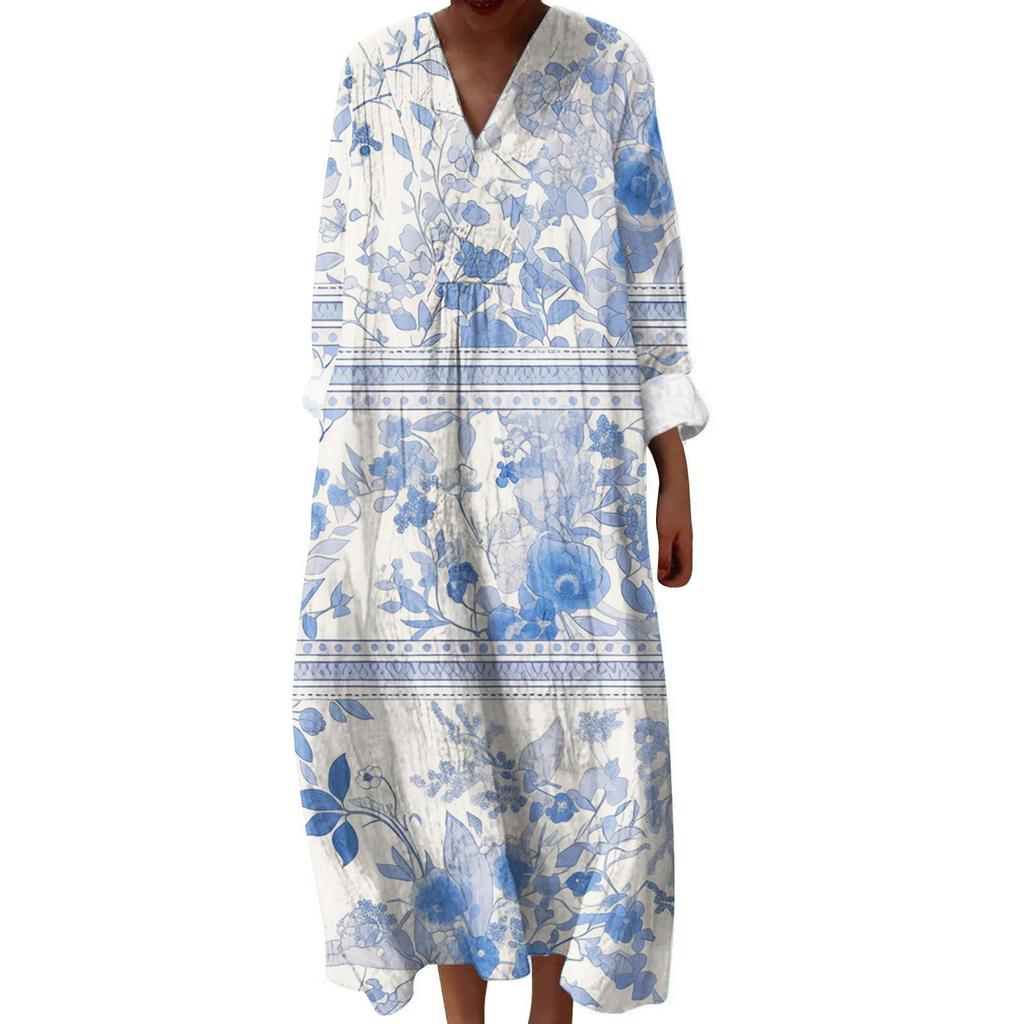 Women's Casual And Fashionable V-Veck Flower Print Long Sleeved Dress Long Sleeved Dress