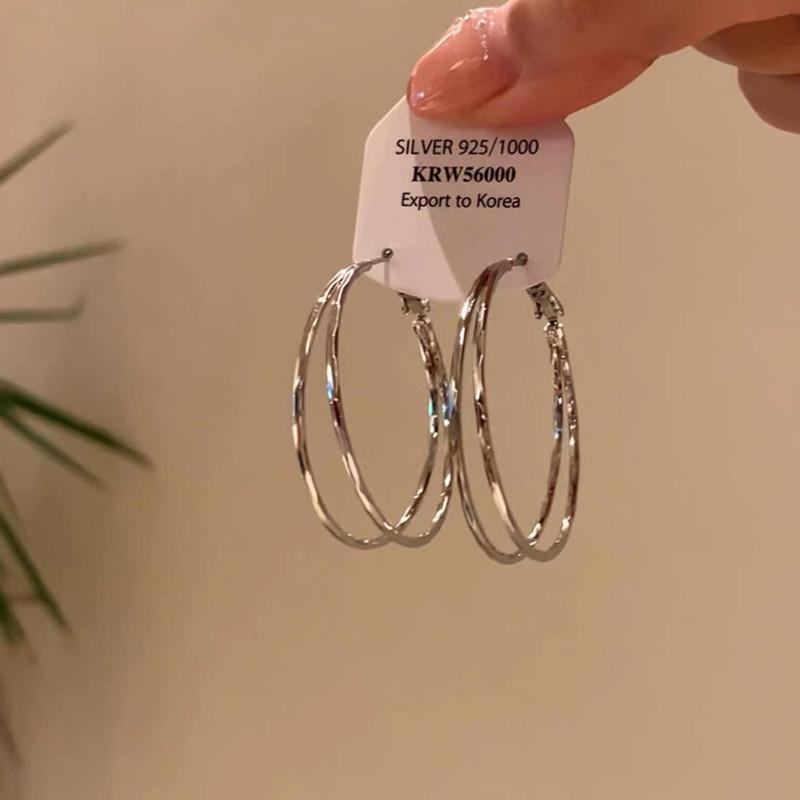 Minimalist Silver Double Layer Large Earrings Women's Summer Versatile Square and Round Face Plain Hoop Earrings