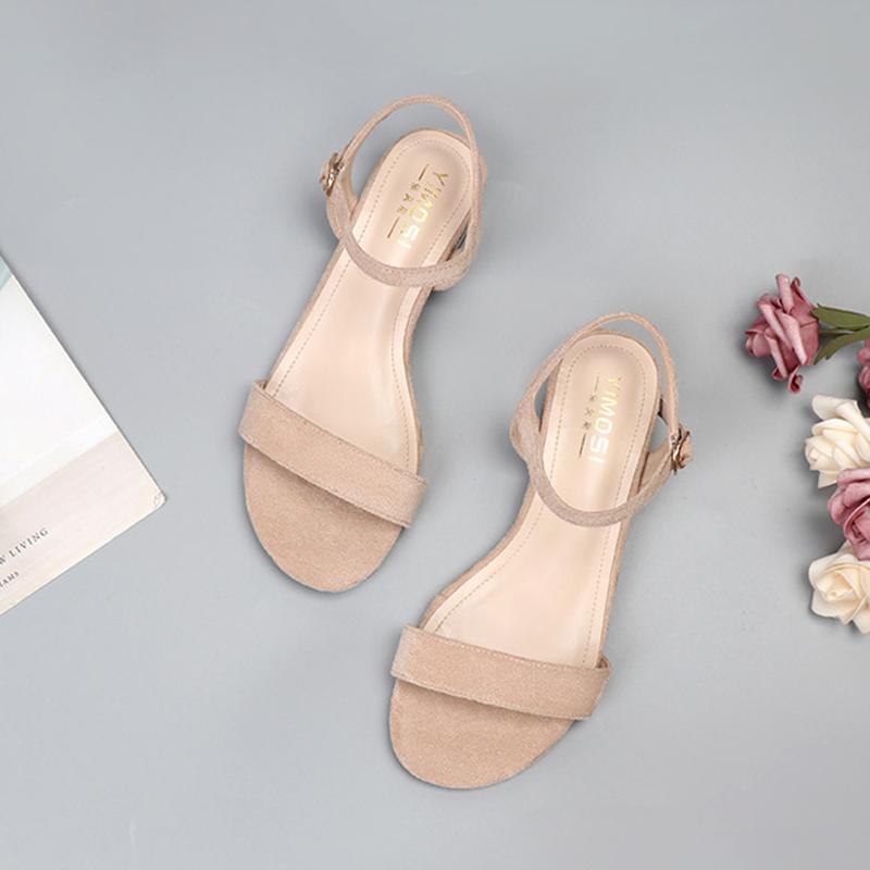 fashion Size 33-43 Summer Fashion Shoes Women  2024 Suede Shoes Square Heel Open Toe Simple Sandals Flat Roman Belt Apricot Comfortable