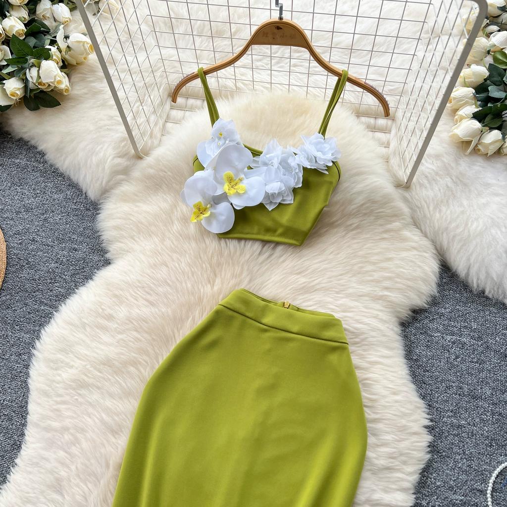Summer Holiday Seaside 2 Piece Set Women's 3D Flower Spaghetti Strap Cropp Tops + Long Midi Pencil Skirt Suits