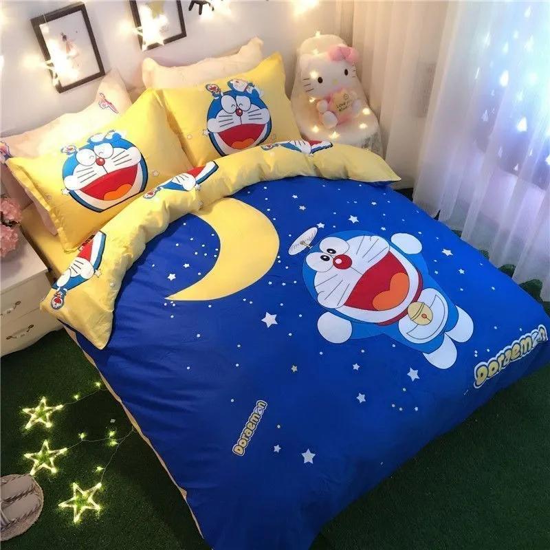 Doraemon Mechanical Cat Cartoon Style Pure Cotton Material Bed Three-piece Set Student Dormitory Dirty-Resistant Bedding