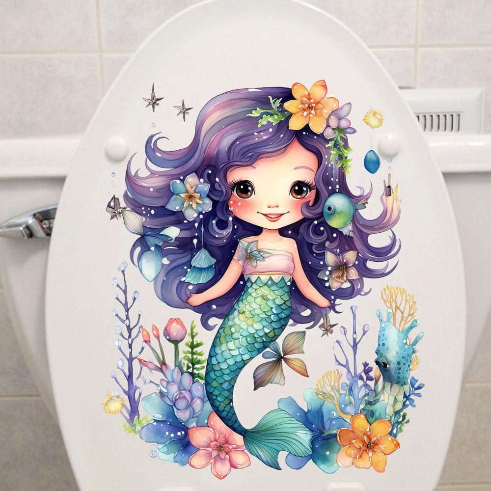 Mermaid Princess Toilet Stickers PVC Self-adhesive Waterproof Bathroom Decals Mural Sticker