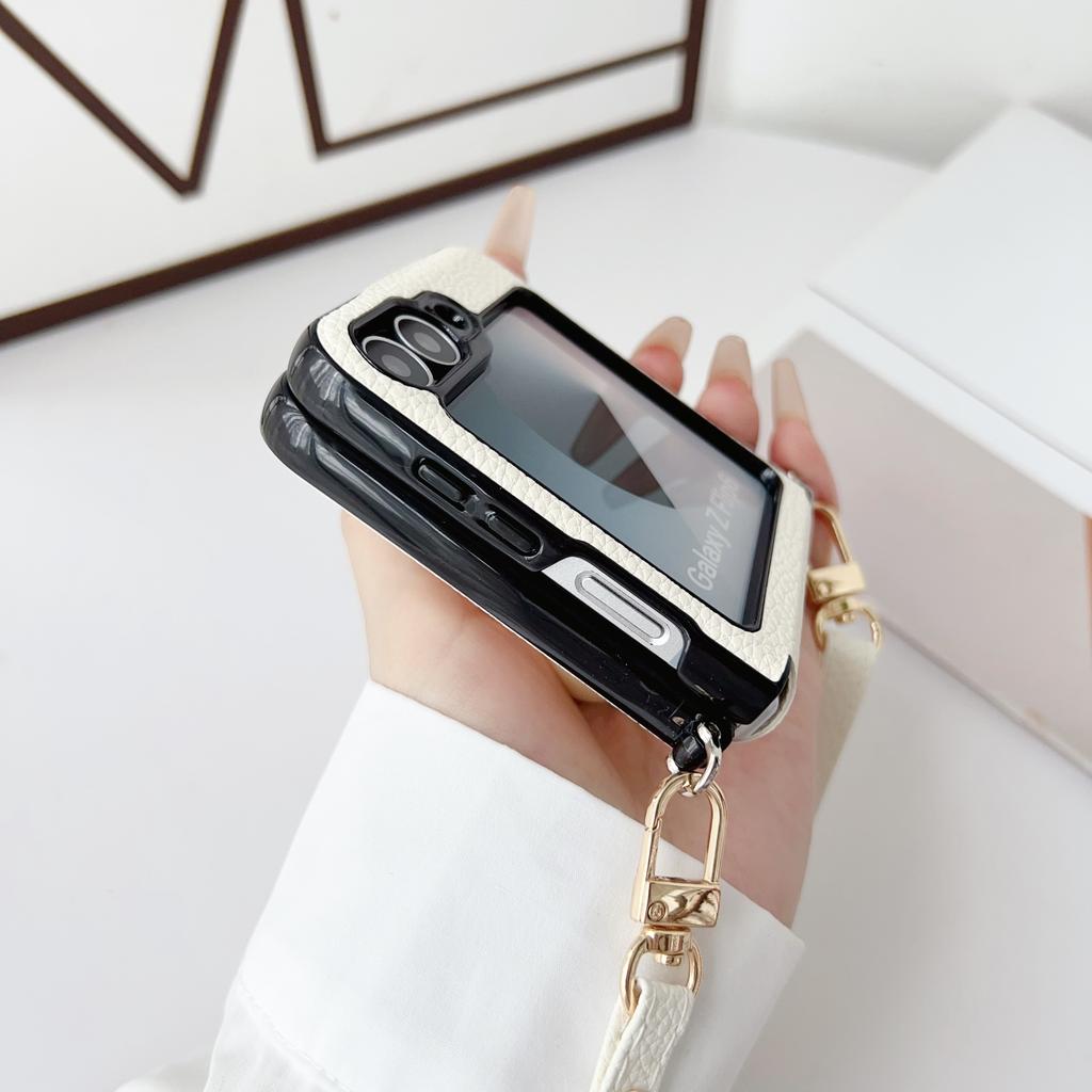 Leather Finger Ring Stand 3pcs Folding Case For Samsung Galaxy Z Flip6 Flip5 Flip4 Flip3 Crossybody Lanyard Shockproof Matte Slim Phone Cover
