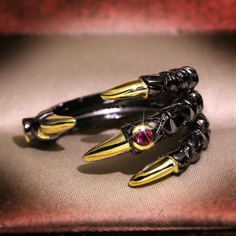 Vintage Metal Dragon Claw Ring for Menn Personlighet Punk Two Tone Innlagt Rosa Zircon Demon Ring Party smykker