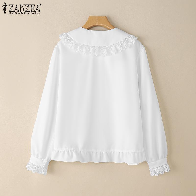 ZANZEA Bluză casual cu mânecă lungă și guler de păpușă cu dantelă pentru femei