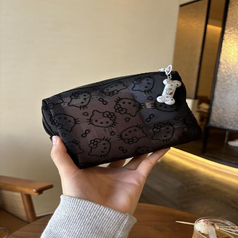 Black Mesh Hello Kitty Makeup Bag Portable Cosmetic Pouch Durable Organizer For Travel