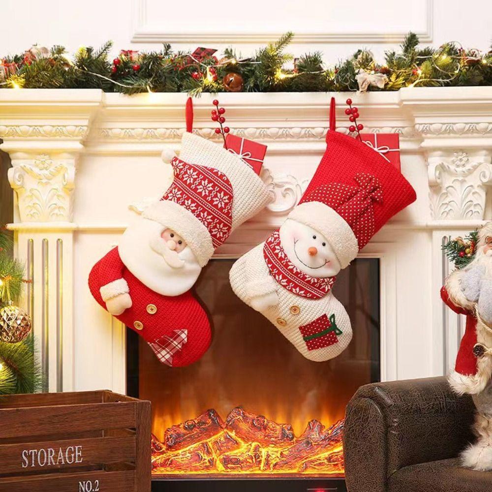 New Large Christmas Stocking Red White Knitted Fireplace Decor Socks Home Decoration Candy Holder Xmas Gift Bags
