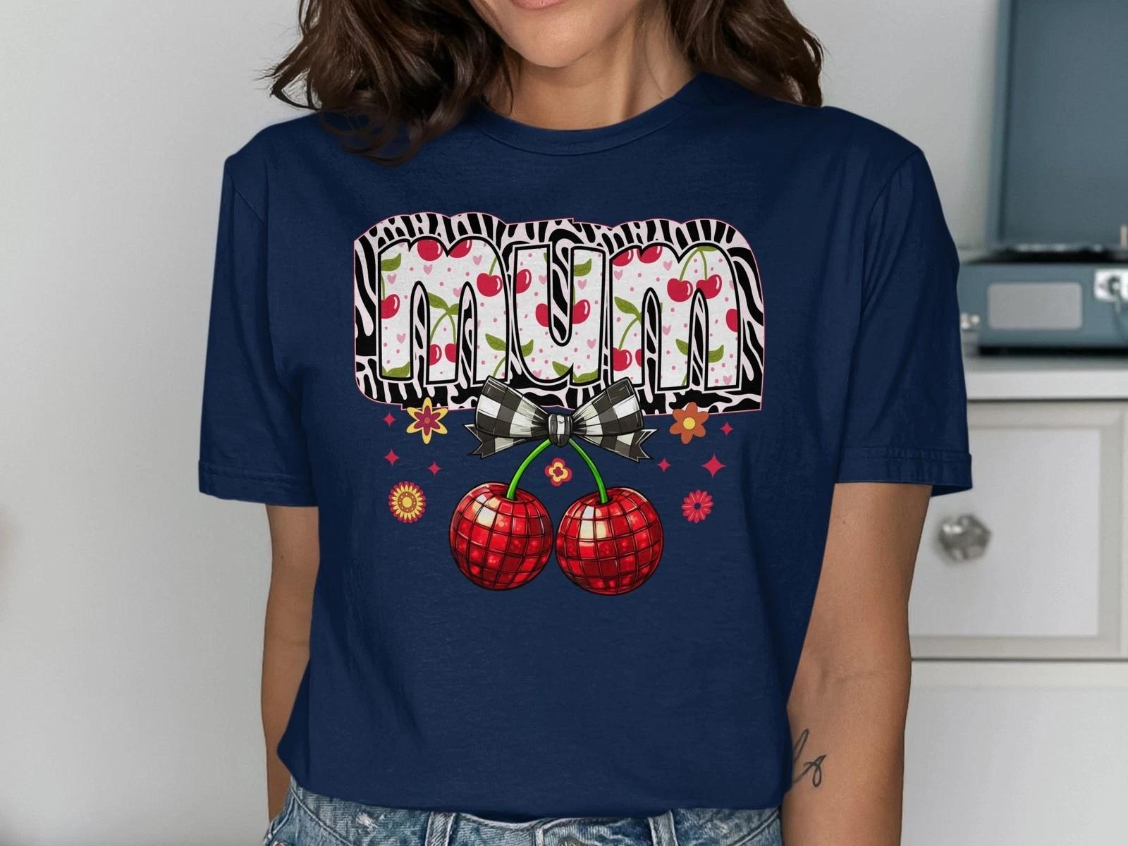 Mum Cherry Disco Balls T-Shirt – Funny Retro Graphic Tee for Party Lovers S